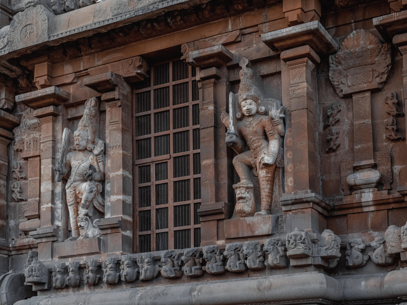 Stone sculptures carved into the historic palace  in Thanjavur