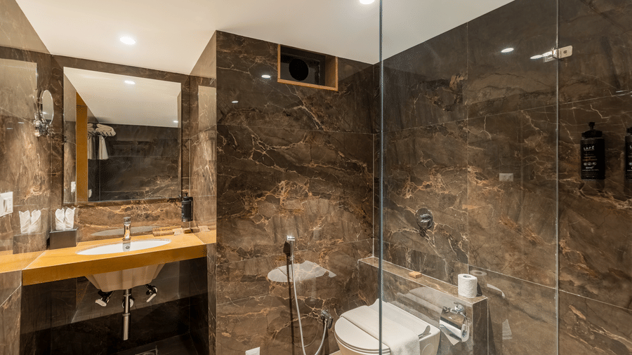 A bathroom with dark marble walls, a glass shower partition, a white toilet, and a vanity mirror with a wooden shelf at EsthereaRaj Leela, Ranakpur.