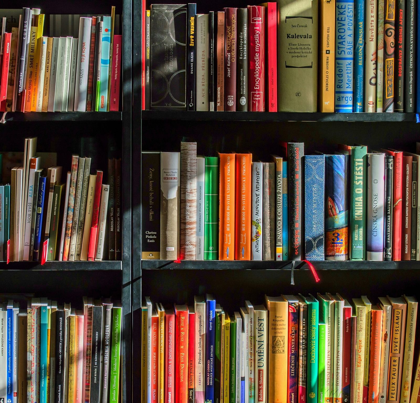 A book shelf filled with various books with colourful covers.