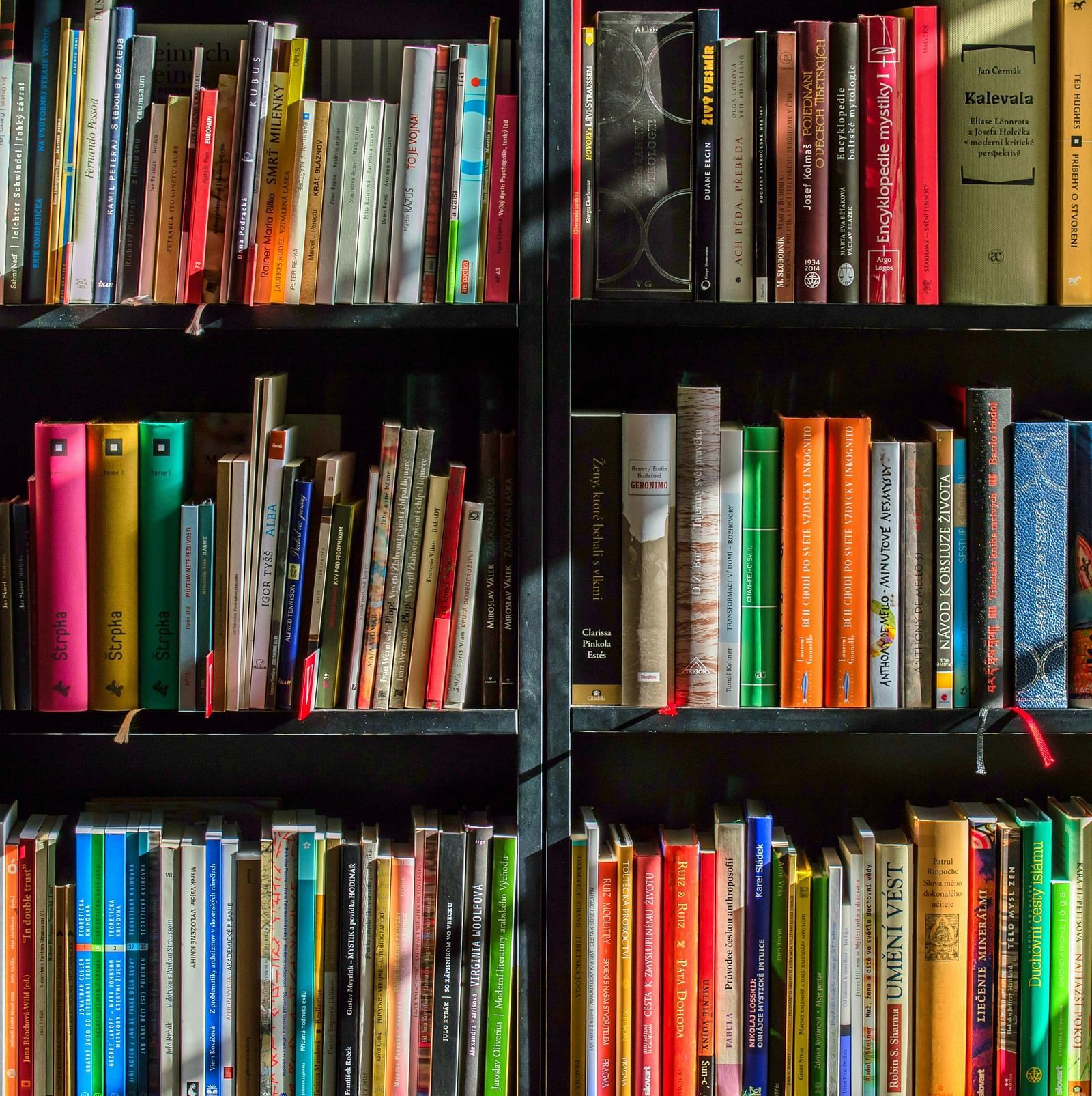 A book shelf filled with various books with colourful covers.