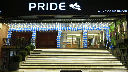 Hotel entrance lit with decorative lights and stairs leading to the lobby at Pride Elite Raipur.