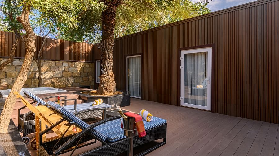 the sit out area of our presidential suite with a jacuzzi for a delightful stay in Pushkar