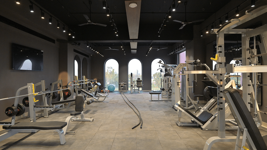 The interior of a well-equipped gym with various weightlifting and exercise machines, set against a backdrop of arched windows and a dark ceiling with recessed lighting. - Clarks Safari Haridwar
