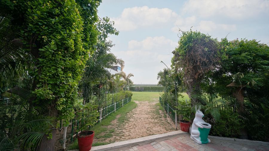 A lush, green pathway at Clarks Safari Kheda, bordered by tall foliage, leading towards a distant structure under an open sky.