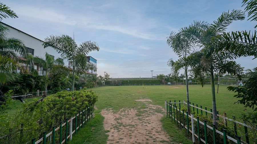 A winding pathway at Clarks Safari Kheda through a wide, open grassy area, with palm trees and distant greenery under a vast sky.