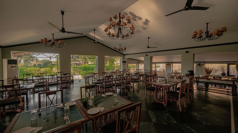 Bright and airy indoor dining area with ceiling fan, designer chandelier lights, many empty wooden tables and chairs. Large windows show lush green foliage outside - Clarks Safari, Pushkar