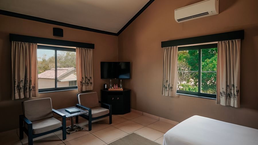 Hotel room with a single bed partially visible, brown walls, two windows showing greenery, chairs, a small table, and an AC unit - Clarks Safari, Pushkar
