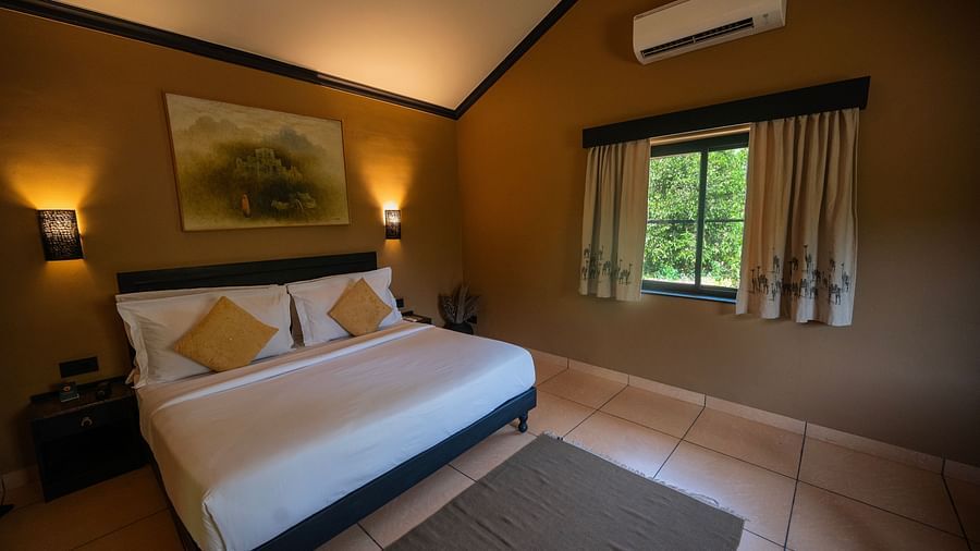 Interior view of a hotel room featuring a double bed with yellow pillows, brown walls, a curtained window, and wall-mounted lights - Clarks Safari, Pushkar