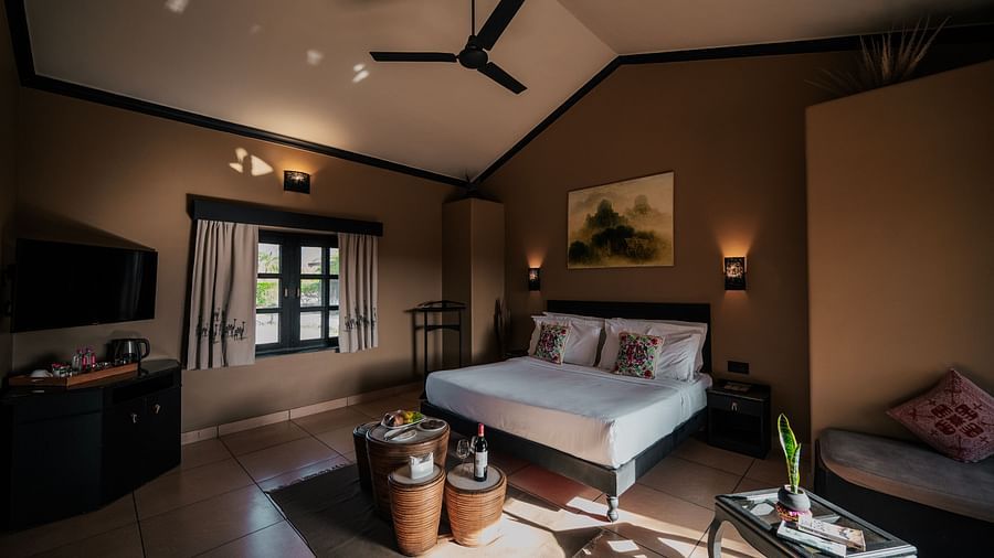 Cosy hotel room with a double bed, dark wood furniture, a TV, a window with curtains, and warm lighting. Sunlight streams across the tiled floor - Clarks Safari, Pushkar