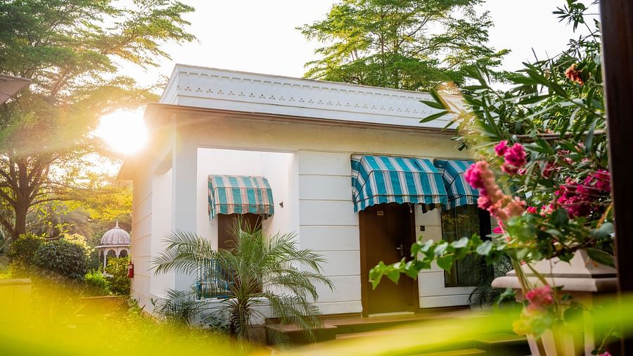 Charming white cottage bathed in warm sunlight, featuring blue and white striped awnings over the windows and surrounded by lush greenery and pink flowers - Clarks Safari, Ranthambore