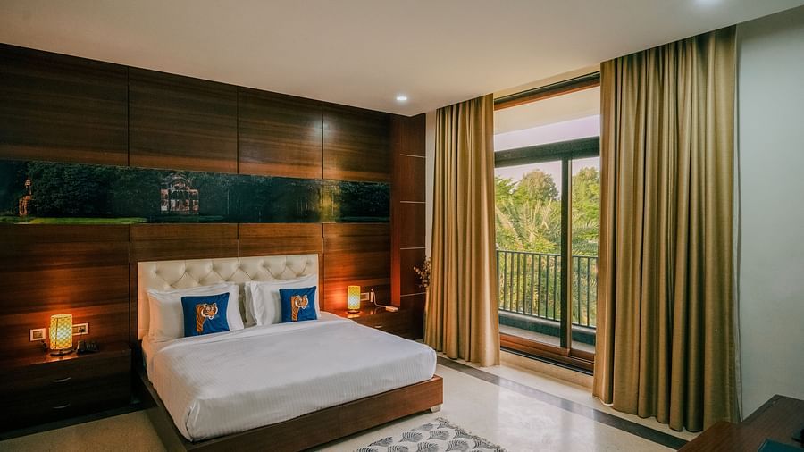 Contemporary hotel room with a king-size bed, dark wood accents, warm lighting, and large windows with sheer curtains - Clarks Safari, Ranthambore