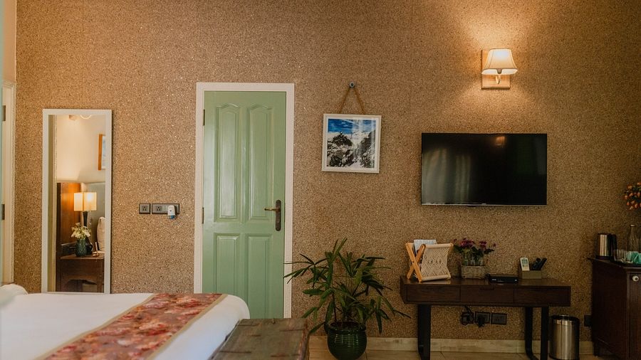 A room at Karma Chalets with a bed, green door, wall-mounted TV, and indoor plants.