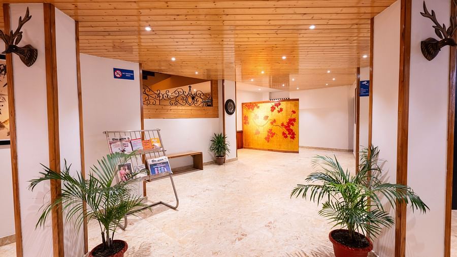 A bright lobby space with wooden ceilings, potted plants, and a seating area at Avianna Hungry Jack, Gangtok.