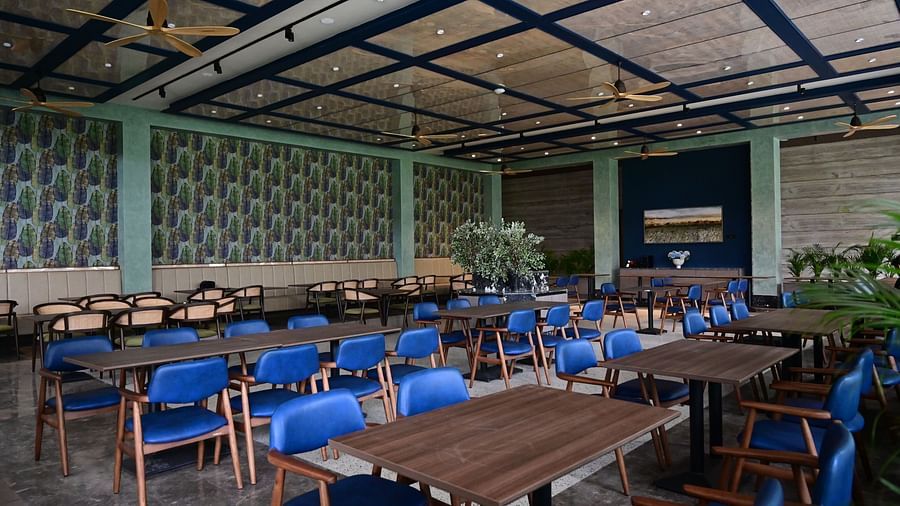 image featuring the seating area of citrus restaurant and cafe with blue cushioned chairs at club charholi, pune