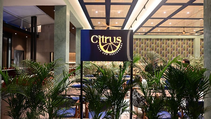 a signage showcasing the logo of citrus restaurant and cafe at club charholi, pune