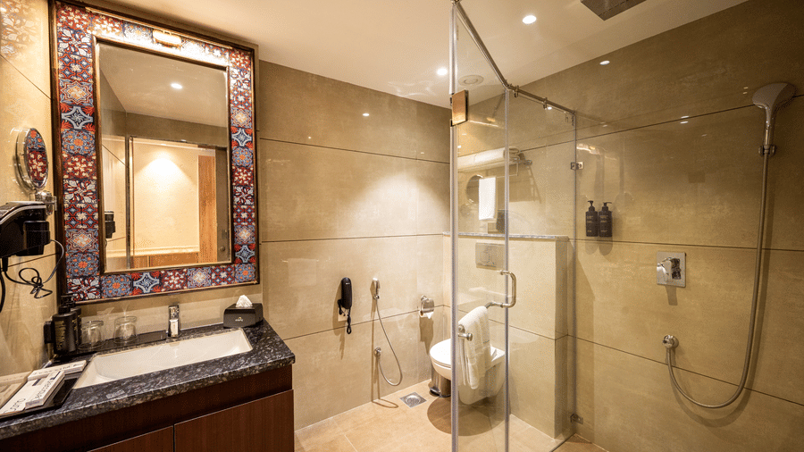 Bathroom of the Standard Room at Essentia Luxury Resort & Spa, Udaipur featuring a vanity next to the shower place separated by a glass panel from the toilet