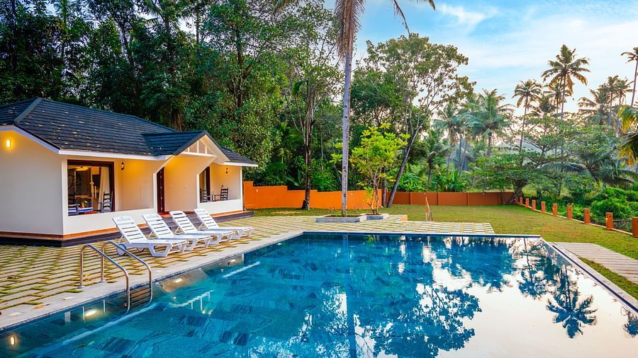 Poolside view of a resort with comfortable lounge chairs and tropical plants.