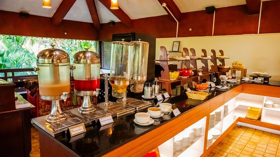 Breakfast buffet spread at a resort with a variety of dishes.