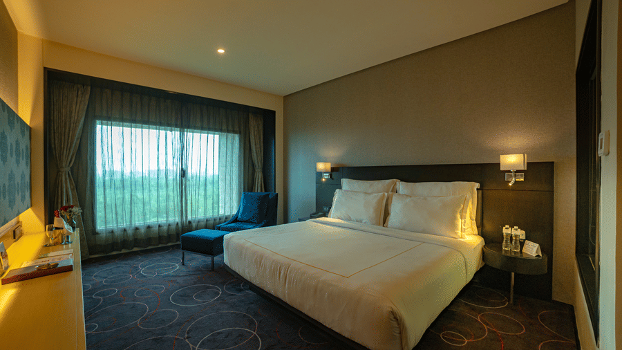 Spacious guest room with a large bed, large windows, and ambient lighting – Narayani Heights Hotel & Resorts