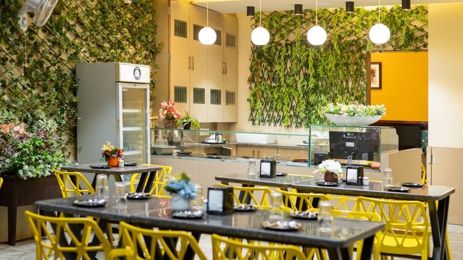 The dining area at Pravasa Stay, Shirdi, features yellow chairs, black tables, and a green living wall decoration.