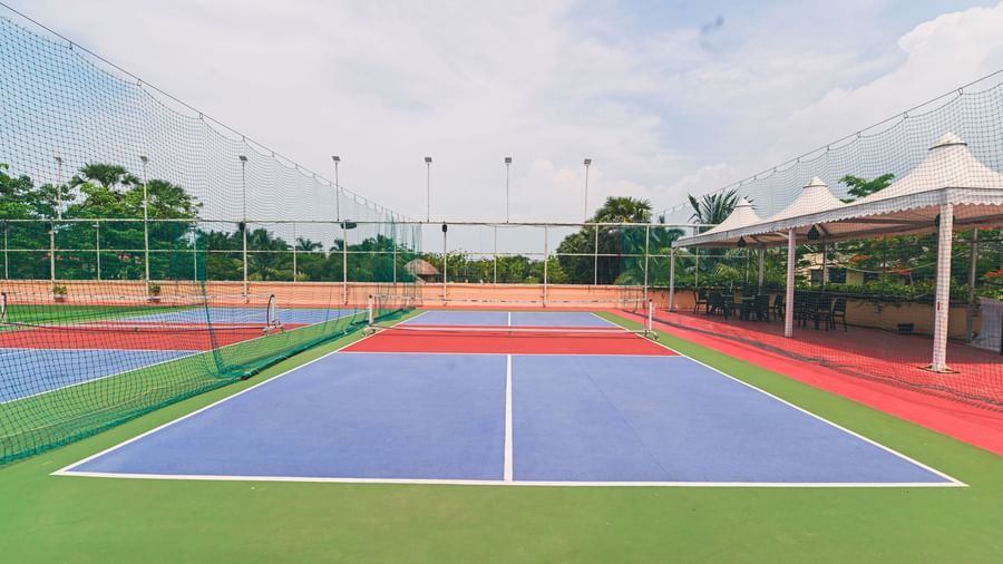 A colourfully painted pickle ball court at Vedic Village Spa Resort under a cloudy sky.