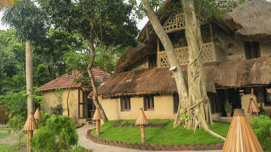 Rustic treehouse and thatched roof cottage at Vedic Village Spa Resort Kolkata surrounded by dense trees with a narrow winding pathway leading through the greenery.