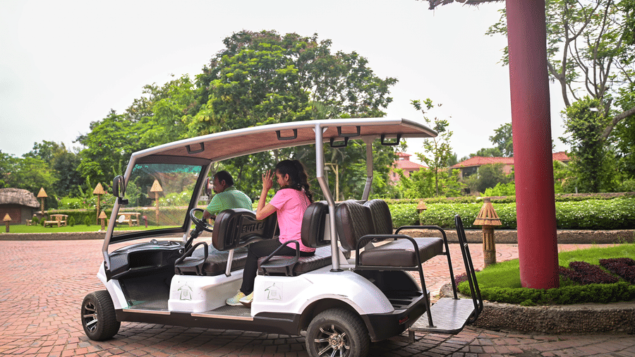 People riding in a buggy vehicle standing on a lawn area at Vedic Village.