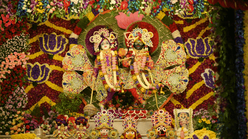 Intricately decorated Hindu temple artwork with vibrant colours and figures