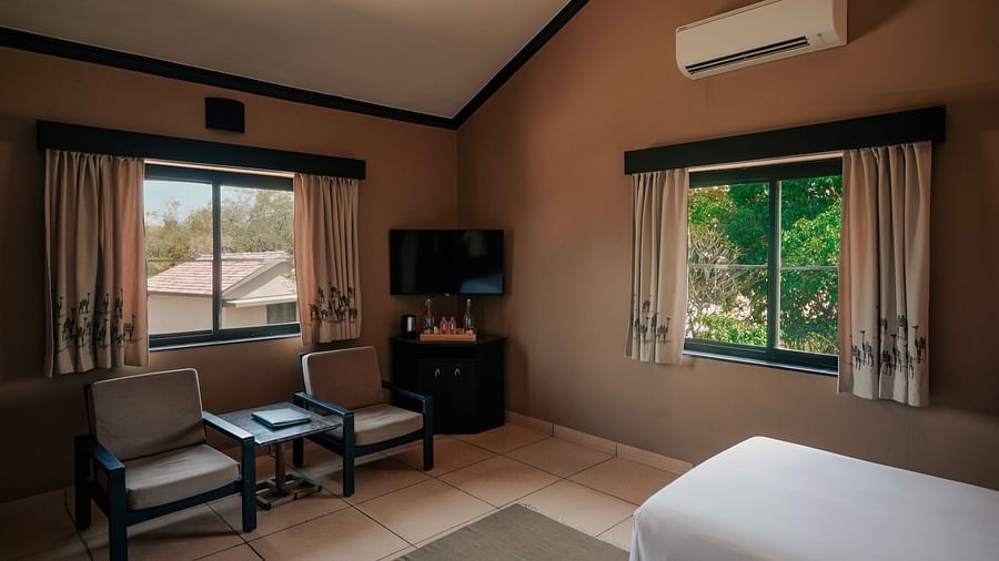 Hotel room with a single bed partially visible, brown walls, two windows showing greenery, chairs, a small table, and an AC unit - Clarks Safari, Pushkar