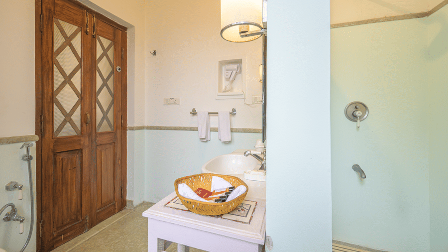 Walk-in shower stall with mint green walls in the bathroom of Aruna Vilas at Deo Bagh - 17th Century, Gwalior.