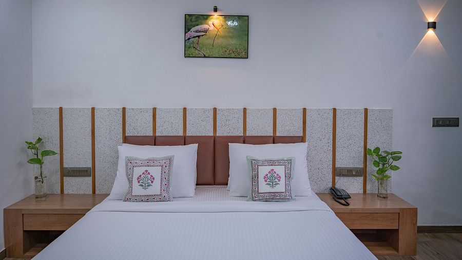 The view of a double bed at Clarks Safari Kheda with patterned pillows, bedside tables, plants on the table and a landscape photo above.