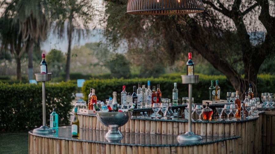 Outdoor bar counter stocked with bottles and glassware. A large, natural-style lamp hangs above. Lush greenery is visible in the background - Clarks Safari, Pushkar