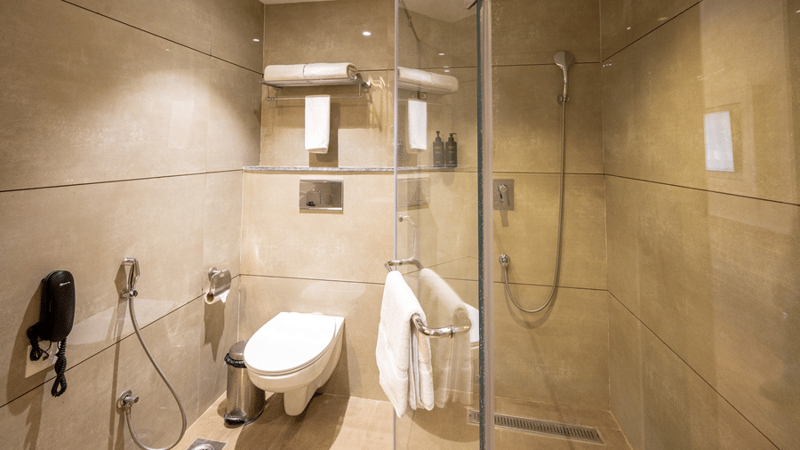 Bathroom of the Standard Room featuring a glass panel separating the toilet from the shower place at Essentia Luxury Resort & Spa, Udaipur