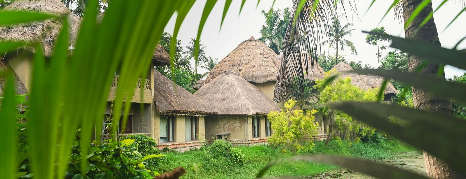 Row of Earth Villas at Vedic Village Spa Resort with mud walls and thatched roofs, facing a water body and enclosed by tall trees and thick foliage.