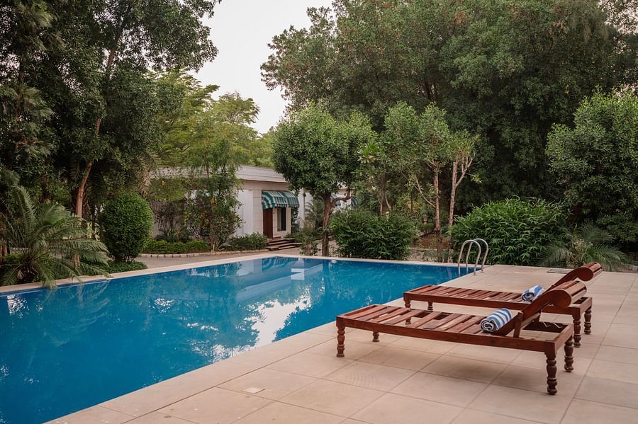 Two wooden lounge chairs sit beside a bright blue swimming pool, with a white building and trees in the background under daylight - Clarks Safari, Ranthambore