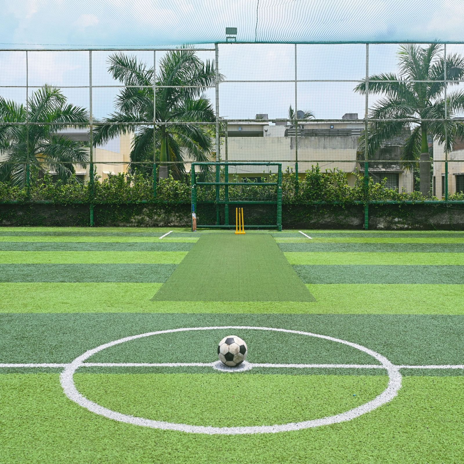 A lush green outdoor turf under a clear blue sky at Vedic Village Spa Resort