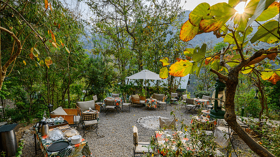 An outdoor dining area set amidst lush greenery, featuring rustic wooden tables, cosy seating, and a gazebo, with sunlight filtering through the trees and mountain views in the background.