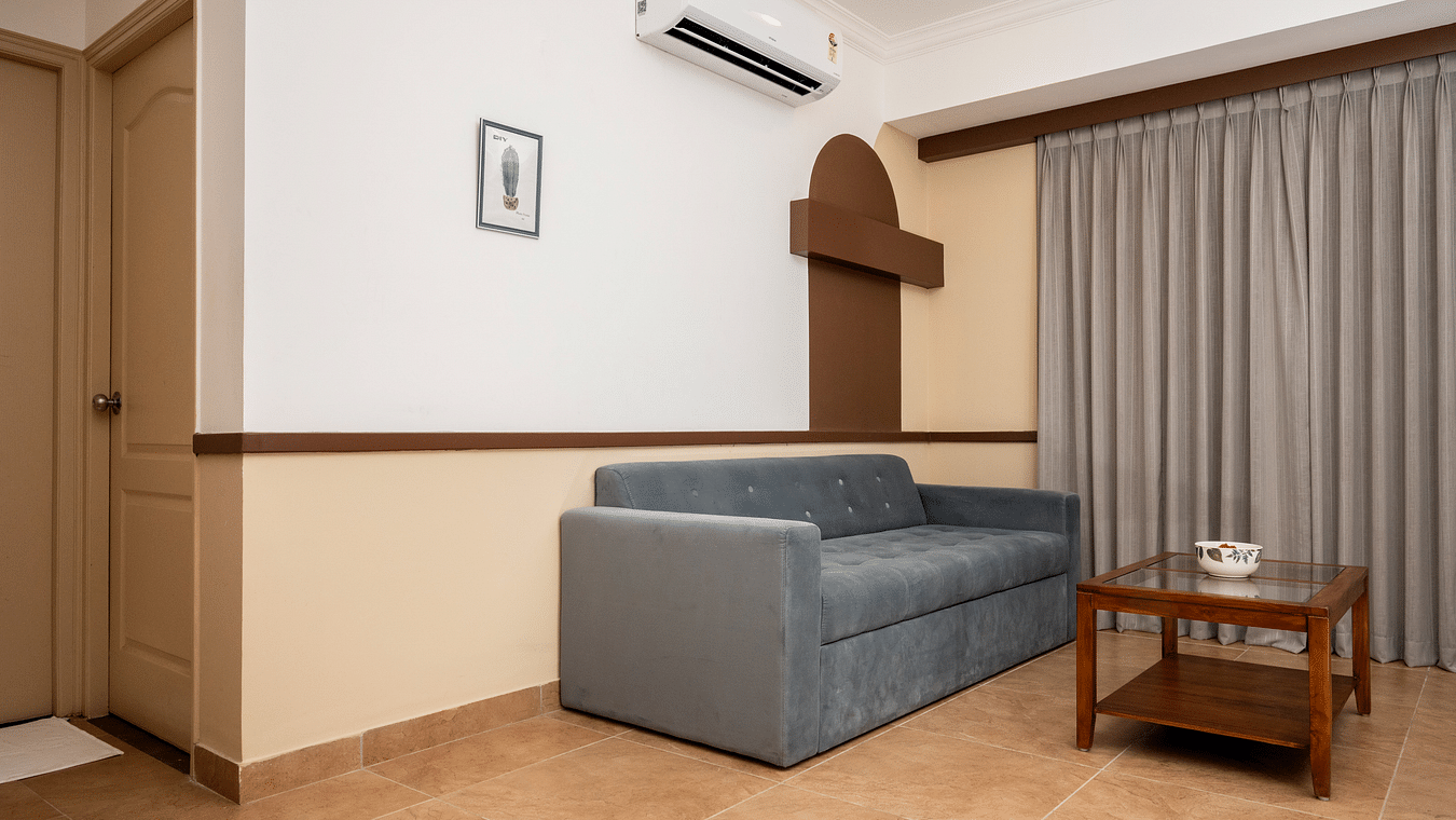 The living area with a sofa and a teapoy