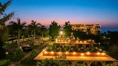 Night view of Tijara Fort-Palace - 19th Century, Alwar with multiple hued sky in the background.