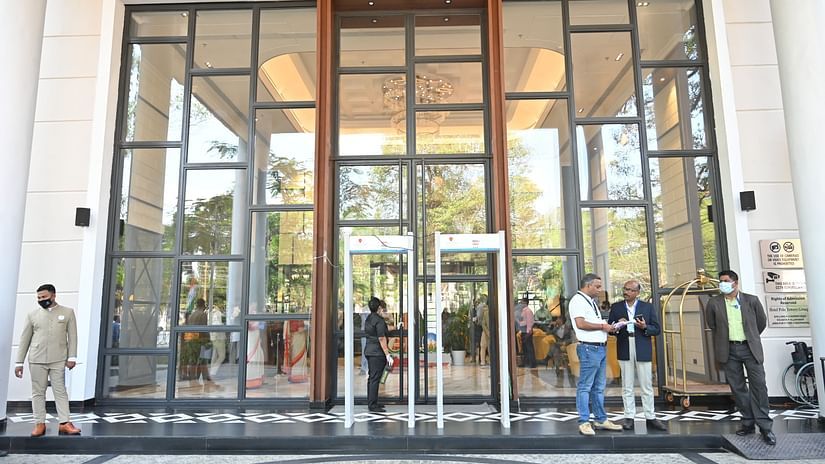 Facade view of the entrance to Hotel Polo Towers, Agartala with floor to ceiling glass