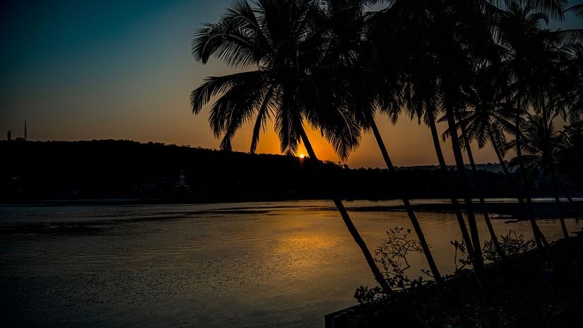 A sunset in the background with coconut trees in the foreground and beach in the middle
