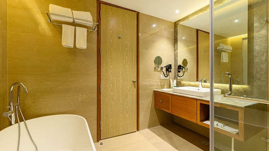 The interiors of a bathroom of one of the rooms in Pushkar at our 5-star resort 