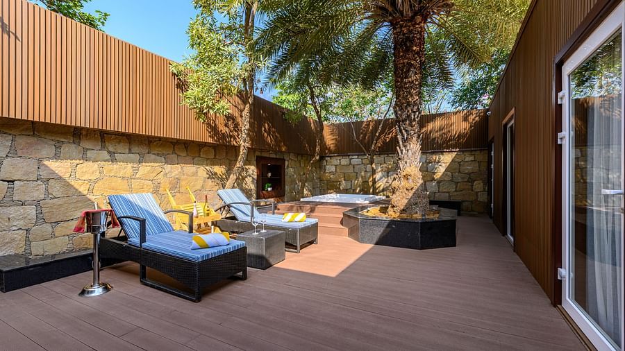 the sit out area of our presidential suite with a jacuzzi for a delightful stay in Pushkar1