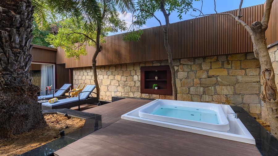 the sit out area of our presidential suite with a jacuzzi for a delightful stay in Pushkar14