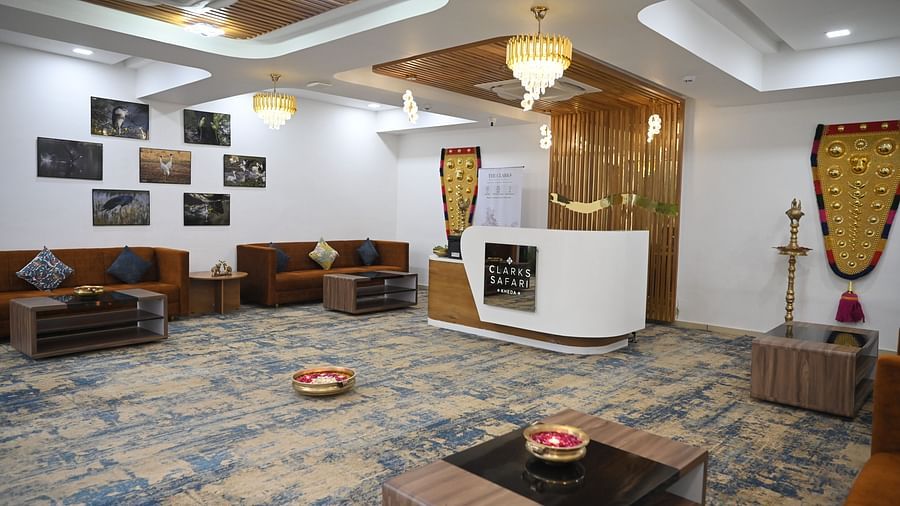 a wide angle shot of the the reception at Clarks Safari Kheda, Ahmedabad
