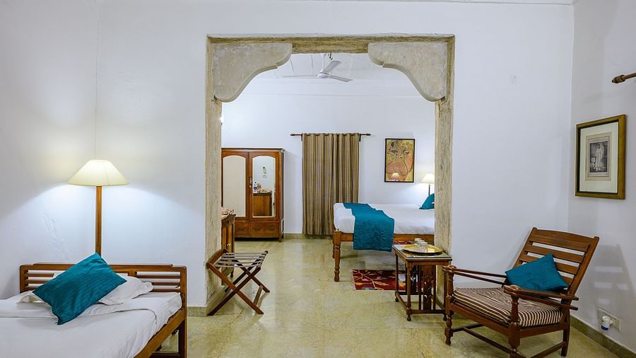 Deo Bagh - 17th Century, Gwalior - the seating space at the living room of Mohini Mahal - Naubagh / Garden View room in Gwalior