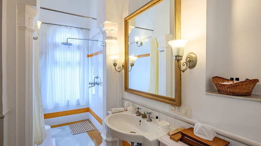 An overview of the bathroom showcasing the shower area inside Maharaja Bhupinder Singh room - The Baradari palace