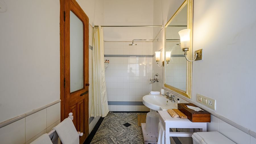An overview of the bathroom showcasing the bath area inside Maharaja Rajinder Singh room - The Baradari Palace