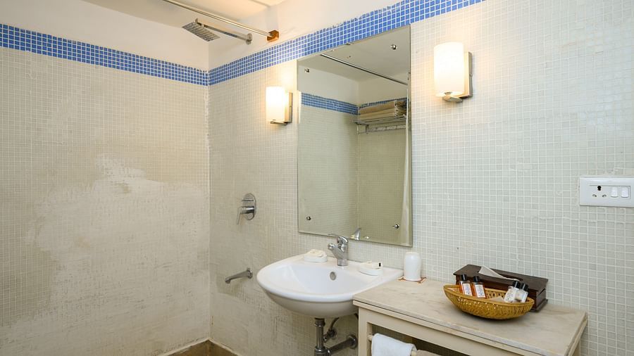 Bathroom with a sink, mirror, toiletries, hairdryer mounted on the wall, and a frosted glass shower enclosure at Tijara Fort-Palace - 19th Century, Alwar.