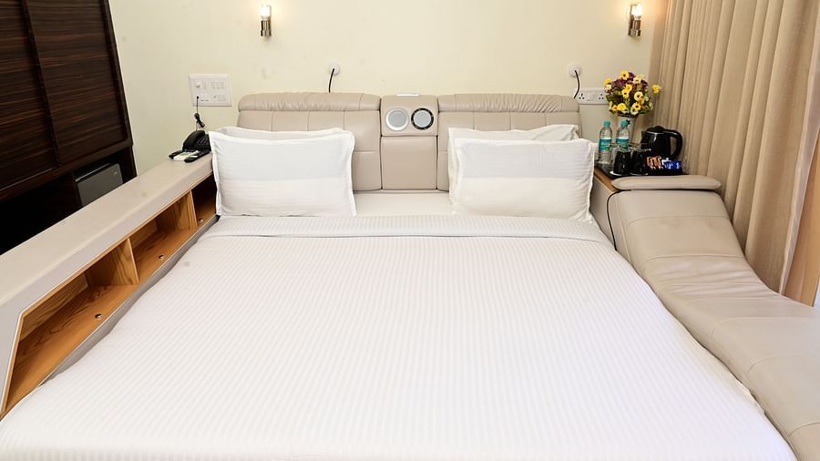 close up view of the modern bed inside one of the rooms at VITS shanti solitaire, North Goa